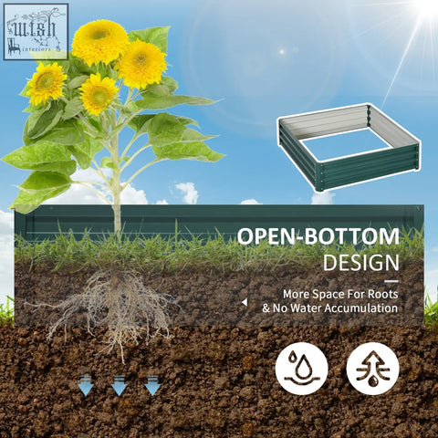Dark green metal garden bed made of galvanised steel with open bottom for direct contact growing vegetables and herbs