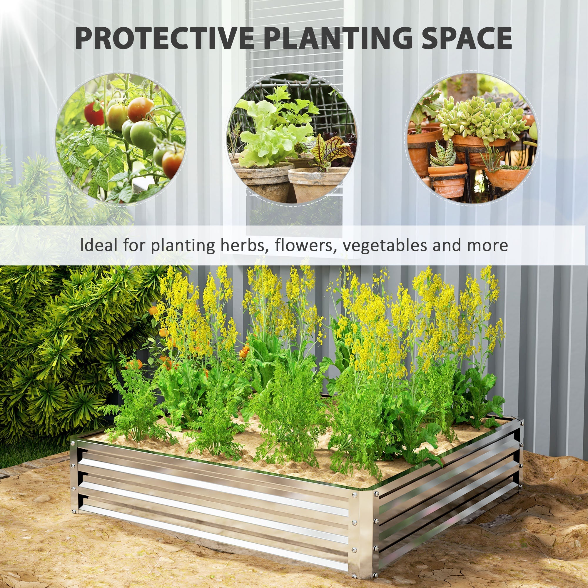 Outsunny square raised garden bed box in silver tone made of galvanised steel with reinforced corners for direct contact planting