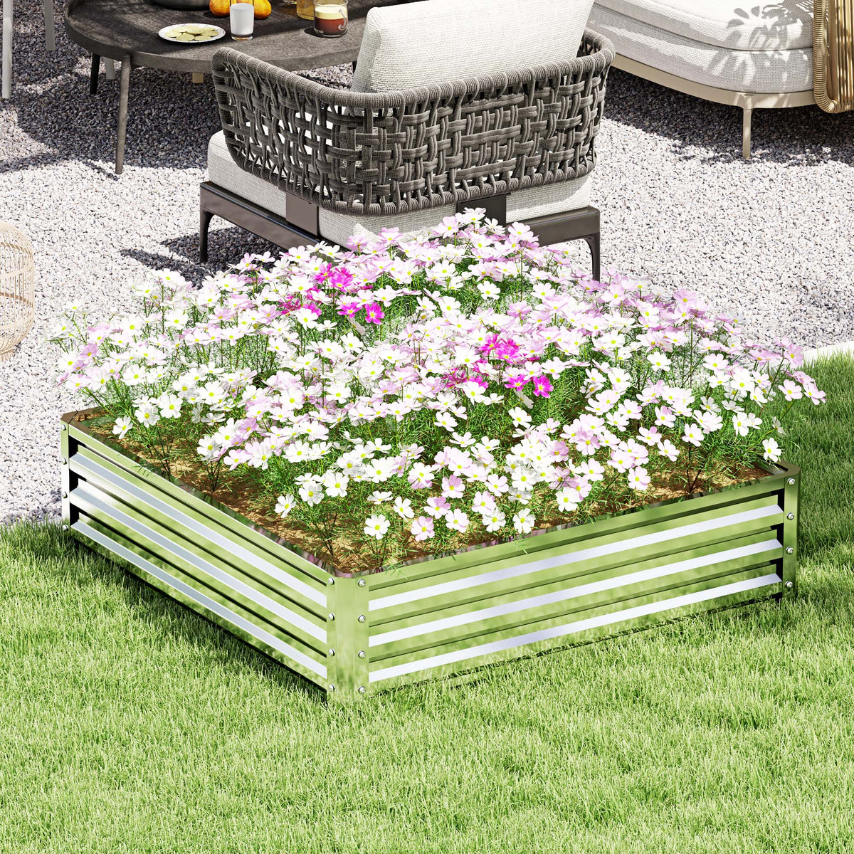 Rectangular raised garden bed with silver tone galvanised steel slats and corner brackets for direct contact gardening