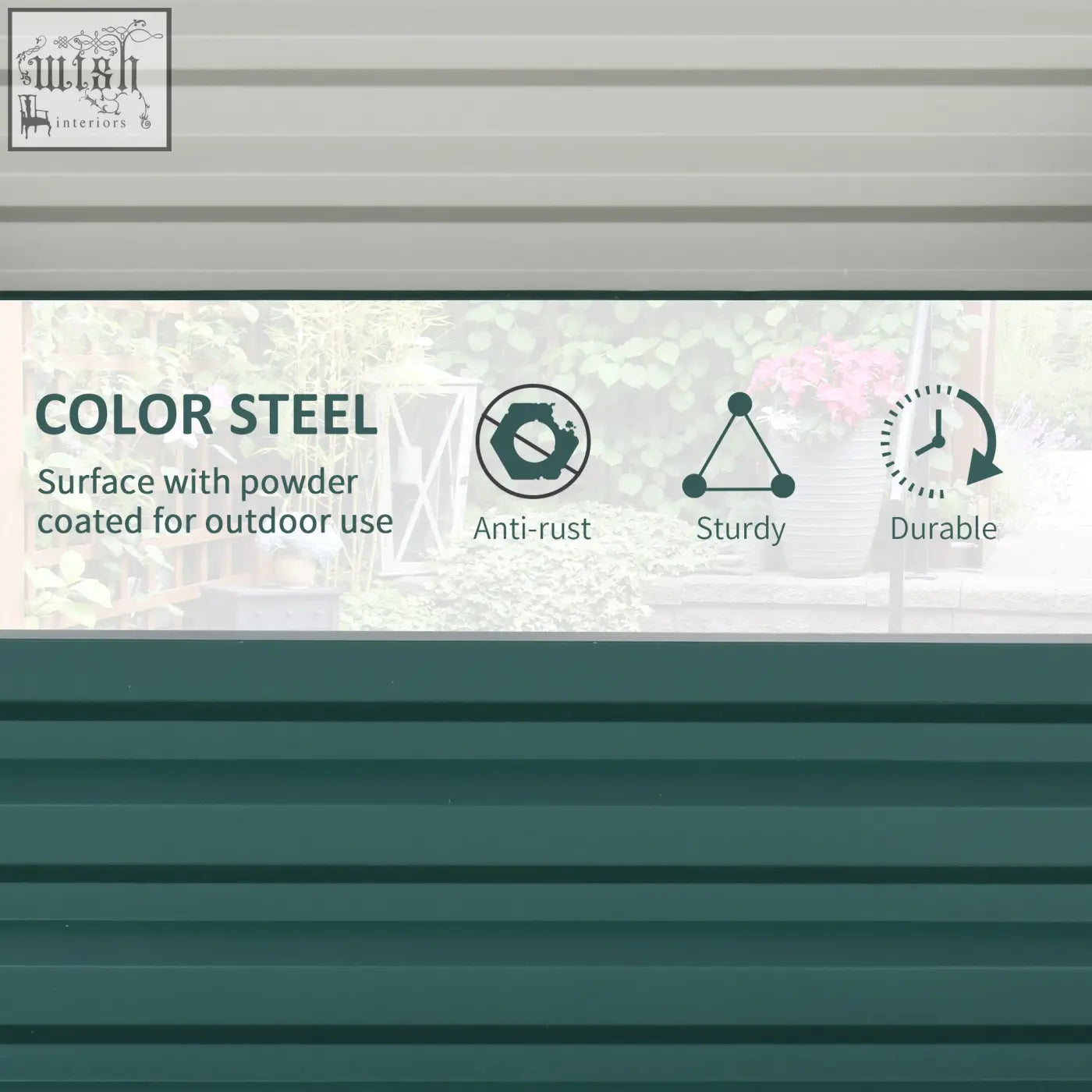 Teal powder-coated galvanised steel garden bed panel with ribbed texture for direct contact vegetable planting