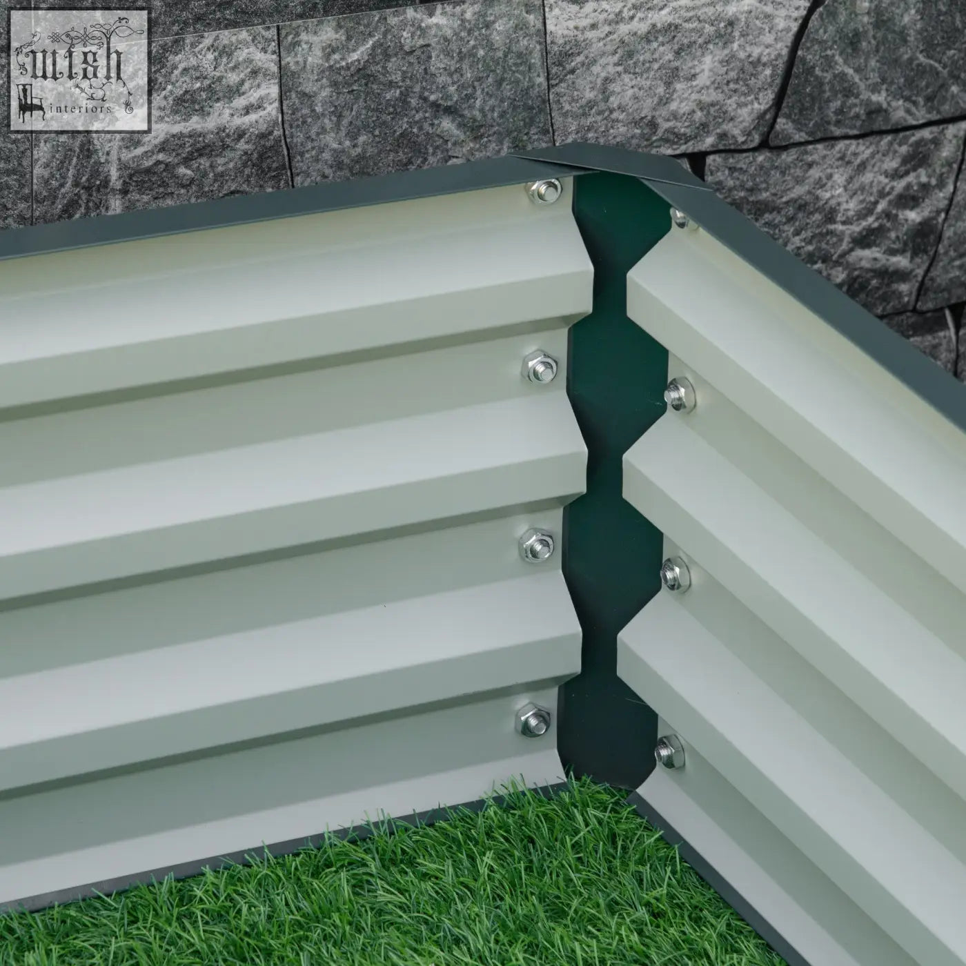 Green and white corrugated galvanised steel garden bed edging with hexagonal joint design for direct contact use