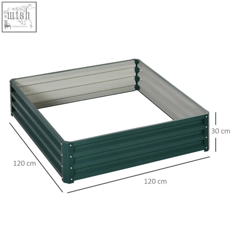 Dark green rectangular raised garden bed with galvanised steel frame and corrugated sides for direct contact planting