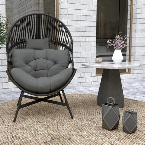 Black rattan egg chair with gray cushion and powder-coated steel frame perfect for outdoor use