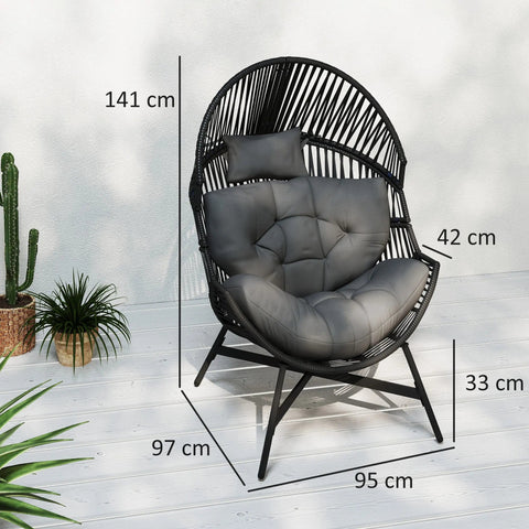 Black rattan egg chair with gray cushioned seat and powder-coated steel frame perfect for outdoor use