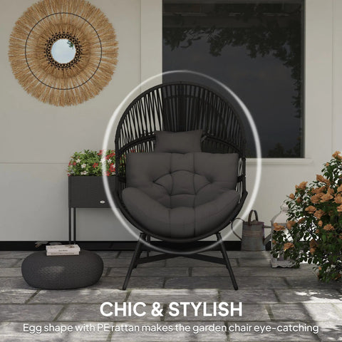 Outsunny standing black rattan egg chair with plush gray cushion and powder-coated steel frame for outdoor use