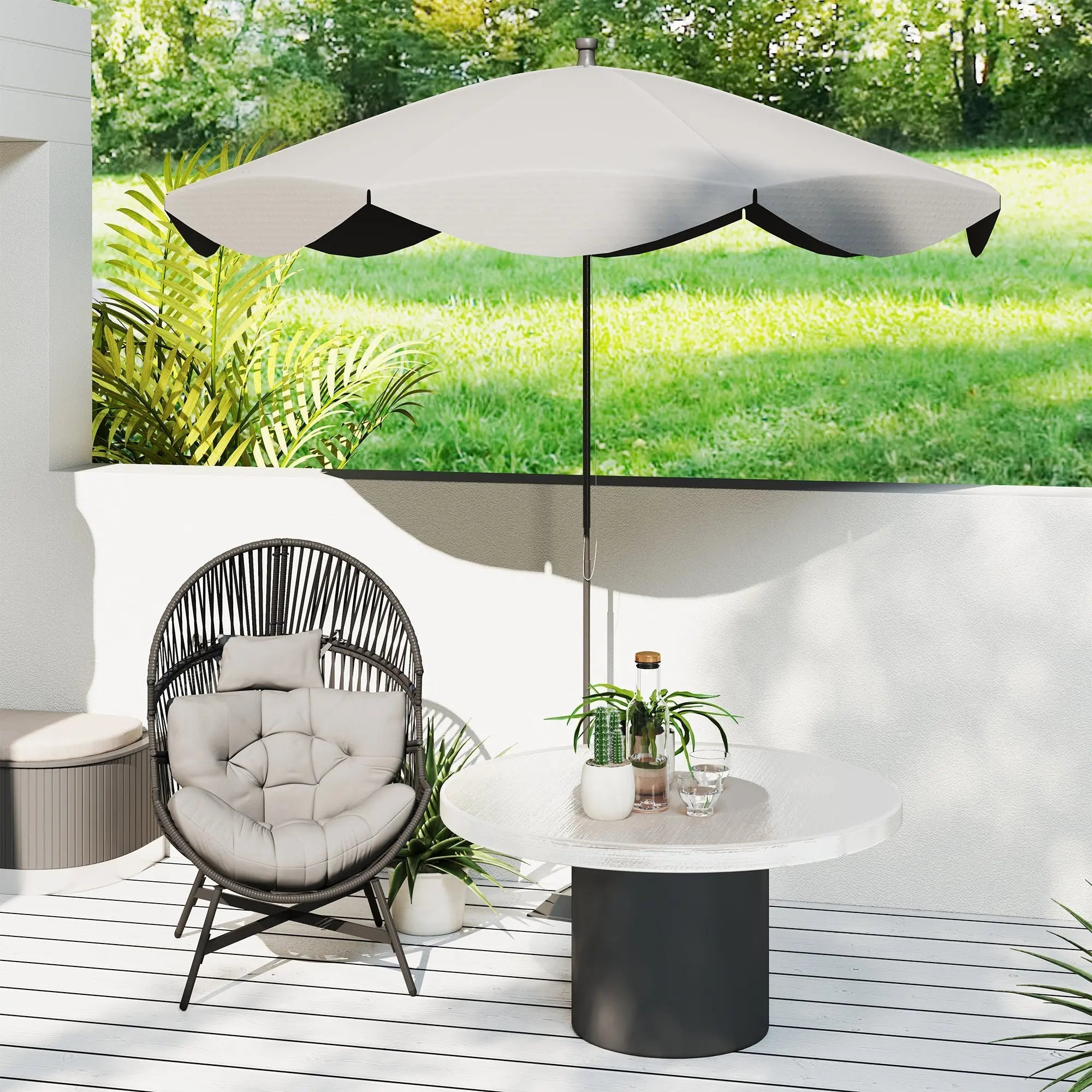 Beige patio umbrella with black trim and sturdy pole next to outsunny standing rattan egg chair with powder-coated steel frame