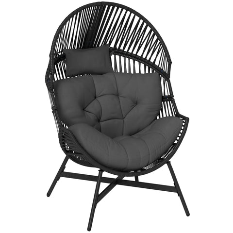 Black wicker rattan egg chair with plush dark gray cushion and powder-coated steel frame for outdoor use