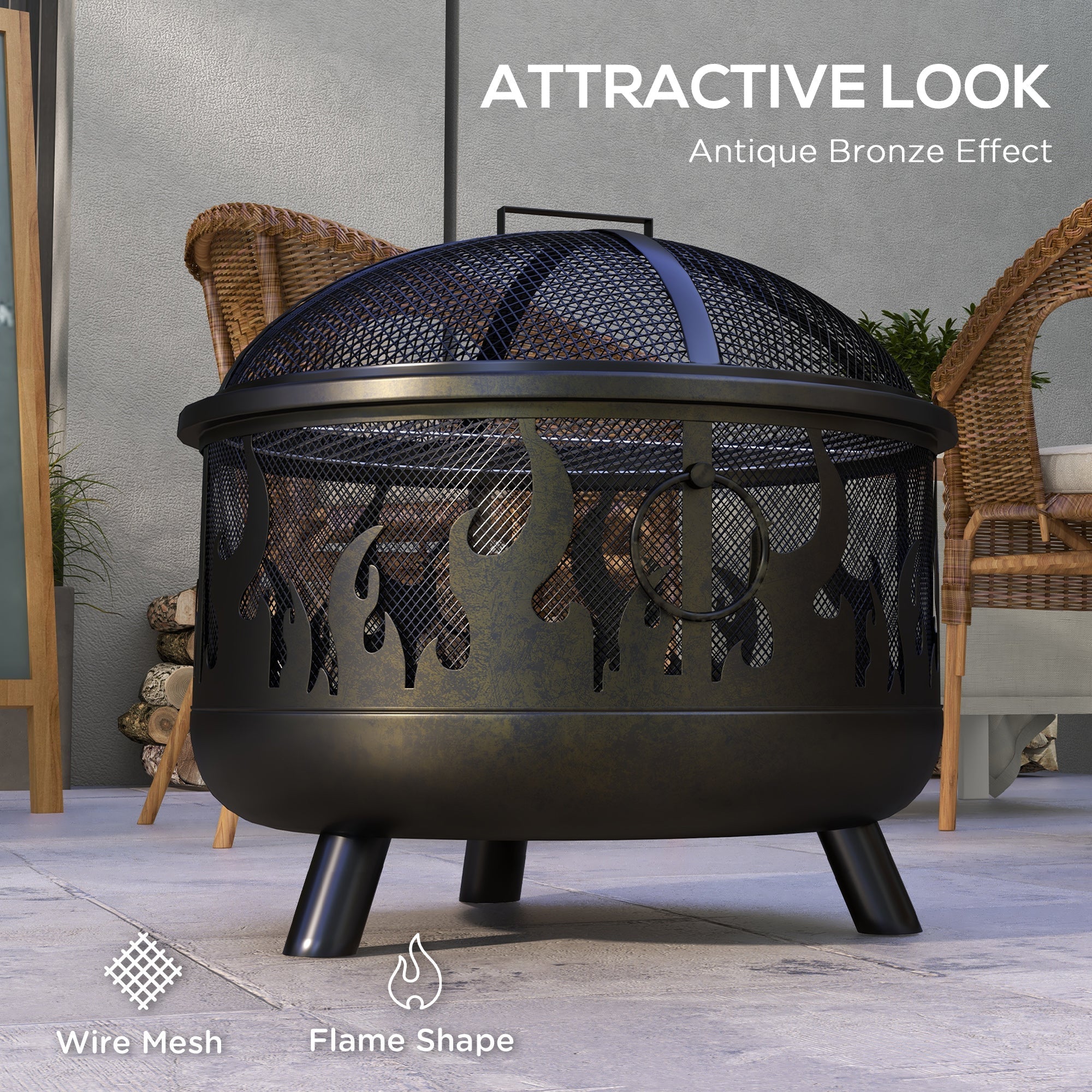 Antique bronze effect outsunny steel fire pit bbq with flame cutouts and grill mesh mesh lid in black
