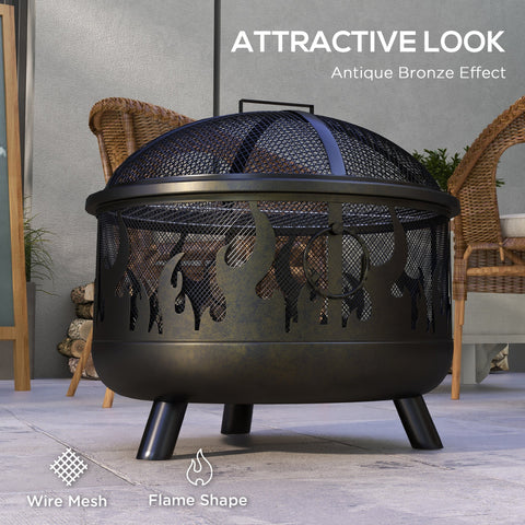 Antique bronze effect outsunny steel fire pit bbq with flame cutouts and grill mesh mesh lid in black