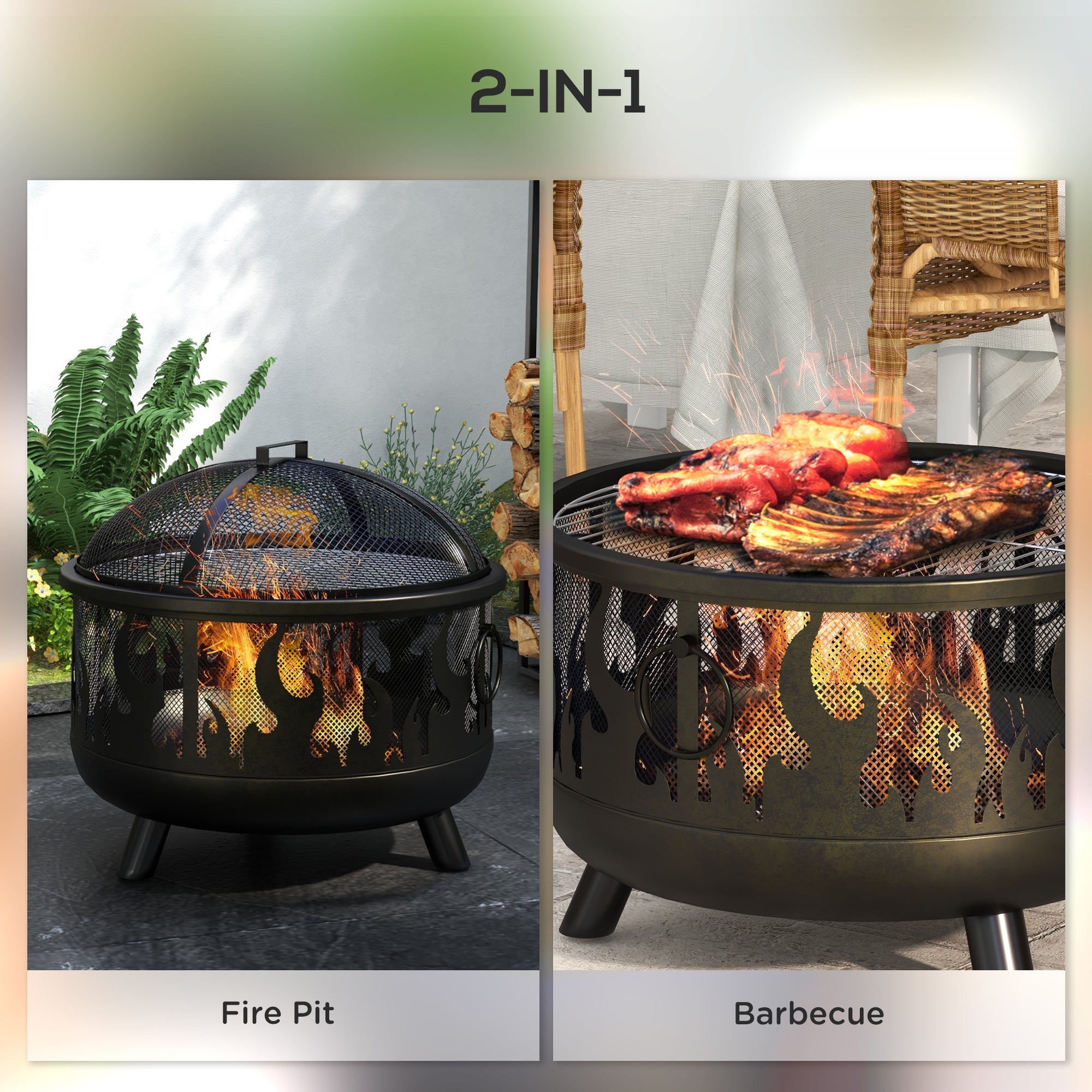 Black metal 2-in-1 outsunny steel fire pit bbq with flame cutouts mesh lid and poker for cooking food safely