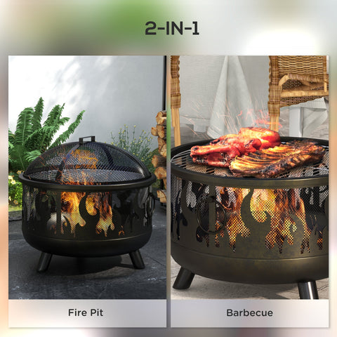 Black metal 2-in-1 outsunny steel fire pit bbq with flame cutouts mesh lid and poker for cooking food safely