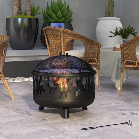 Black metal outsunny steel fire pit bbq with decorative cut-out patterns and a black mesh lid for grilling and fire safety