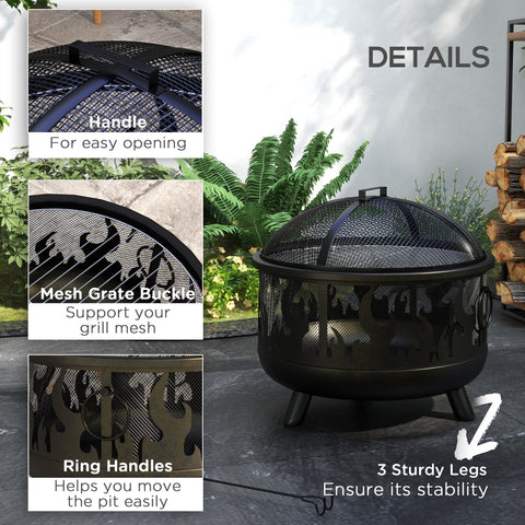 Outsunny steel fire pit bbq in black with animal cutouts mesh lid ring handles and three legs for food safely grilling