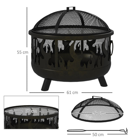 Outsunny steel fire pit bbq in black with flame cutouts and mesh lid for cooking food safely outdoors