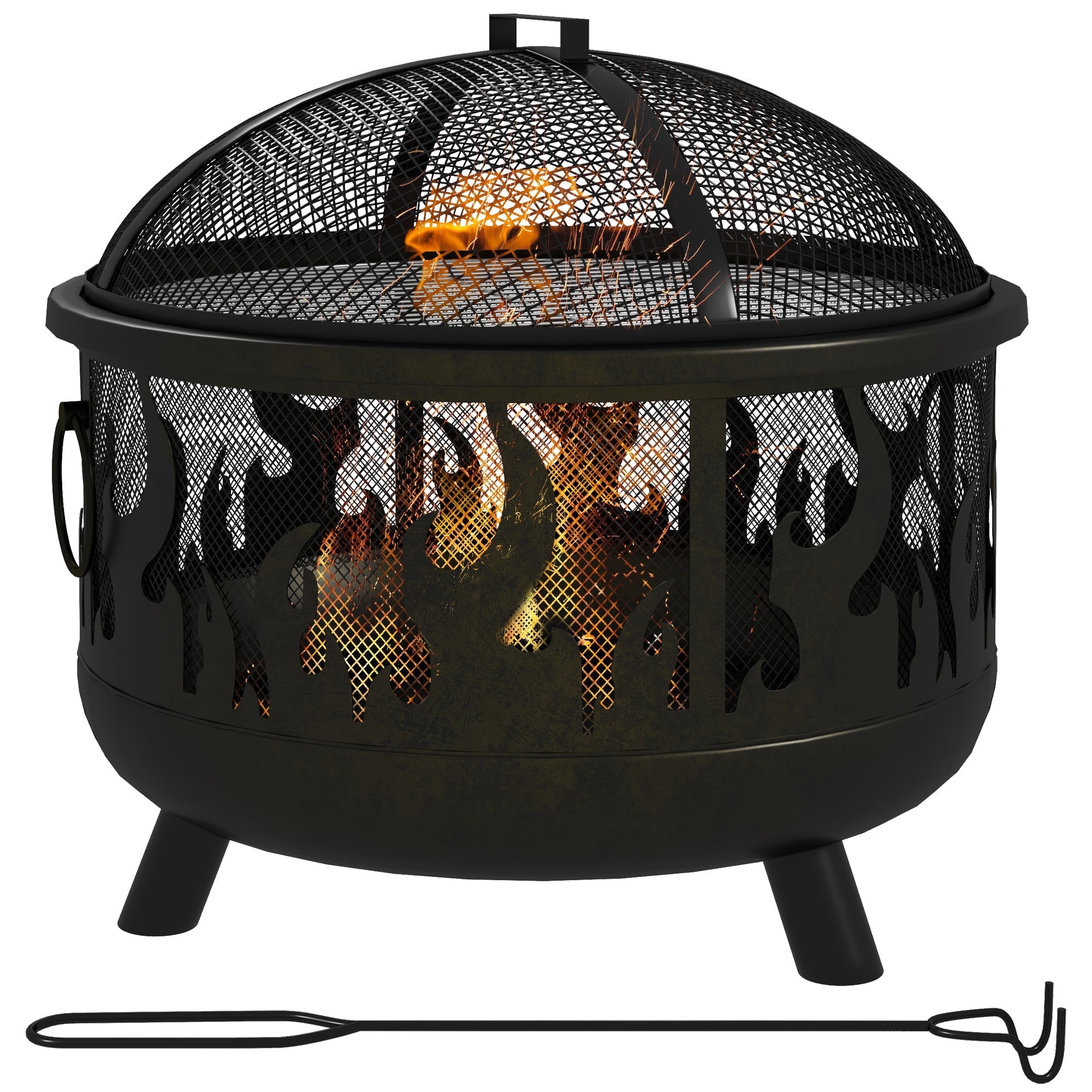 Outsunny steel black metal fire pit bbq with flame cutouts mesh lid three legs and poker for food safely grilling