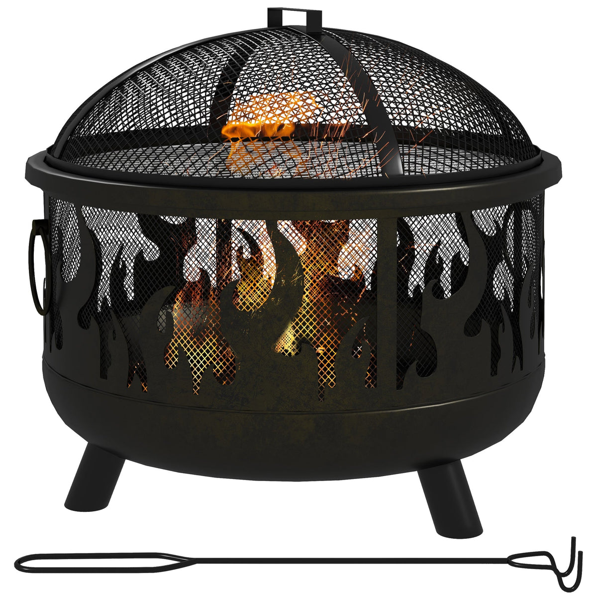 Outsunny steel black metal fire pit bbq with flame cutouts mesh lid three legs and poker for food safely grilling