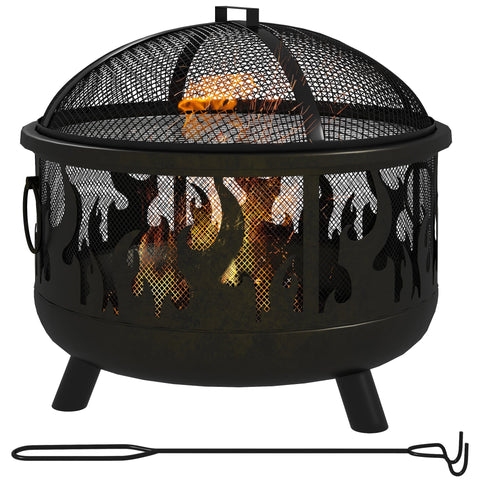 Outsunny steel black metal fire pit bbq with flame cutouts mesh lid three legs and poker for food safely grilling