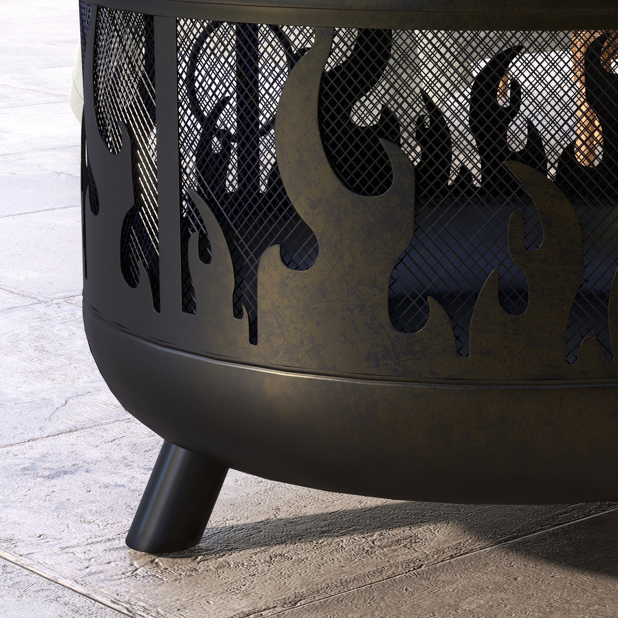 Outsunny black steel fire pit bbq with flame cutouts and mesh lid for cooking food safely and cozy outdoor fires