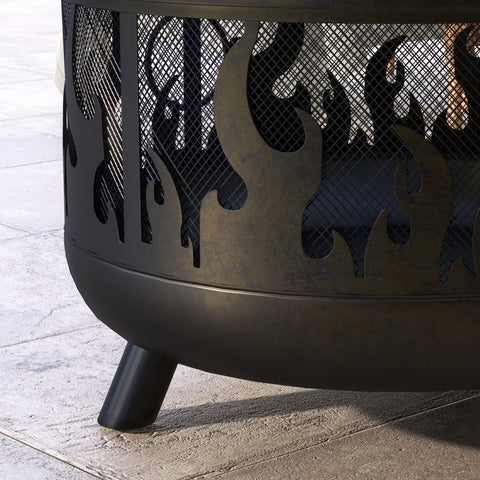 Outsunny black steel fire pit bbq with flame cutouts and mesh lid for cooking food safely and cozy outdoor fires