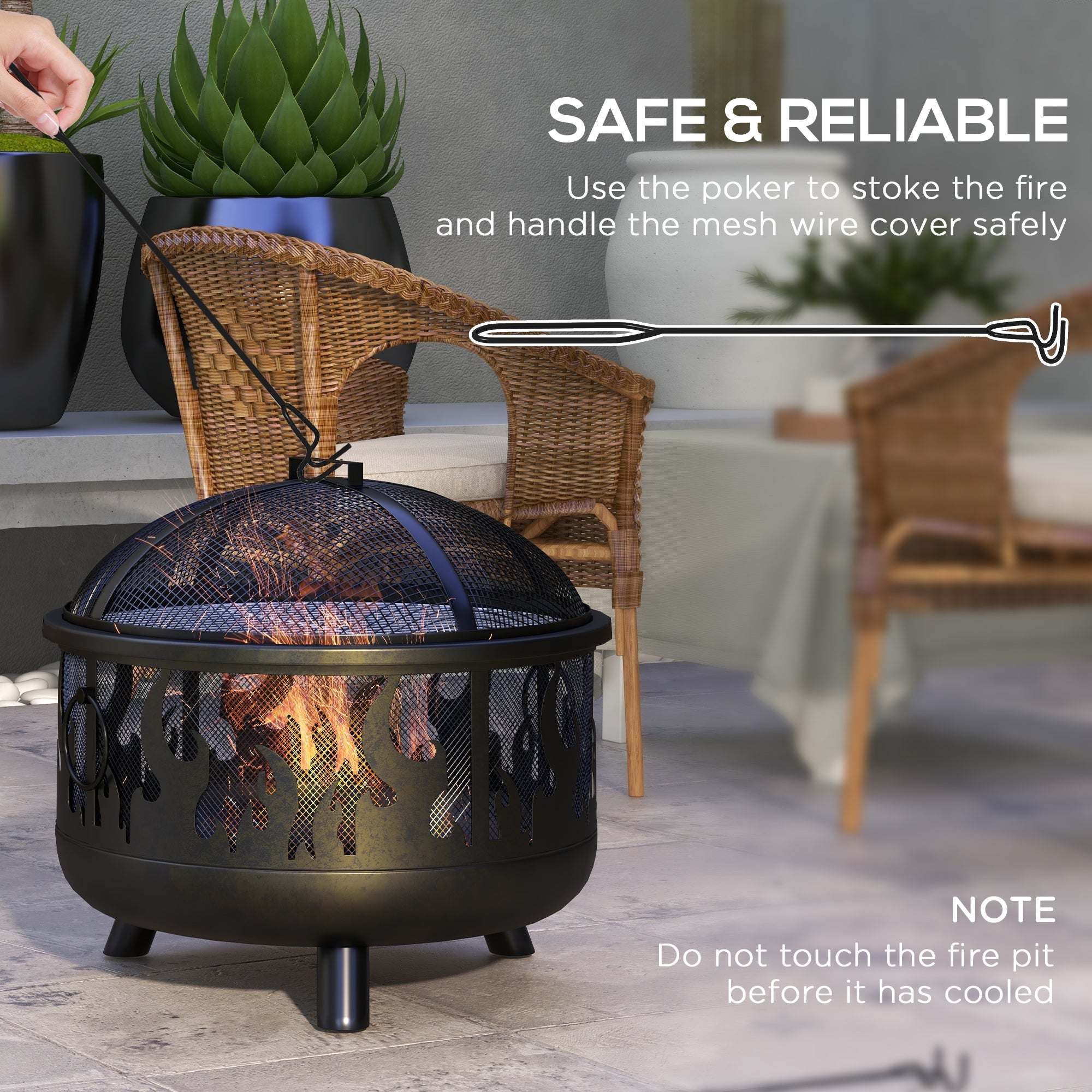 Outsunny steel fire pit bbq in black with decorative cut-outs and a mesh lid for safe grill mesh use outdoors