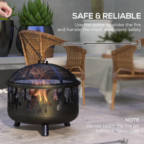 Outsunny steel fire pit bbq in black with decorative cut-outs and a mesh lid for safe grill mesh use outdoors