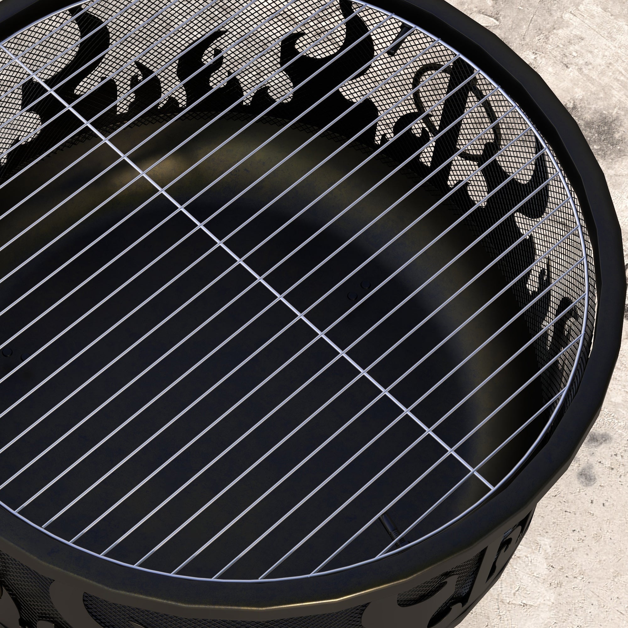 Outsunny black steel fire pit bbq with decorative cut-out patterns, silver wire grill, and mesh lid for food safety