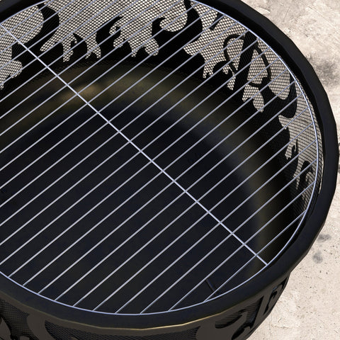 Outsunny black steel fire pit bbq with decorative cut-out patterns, silver wire grill, and mesh lid for food safety
