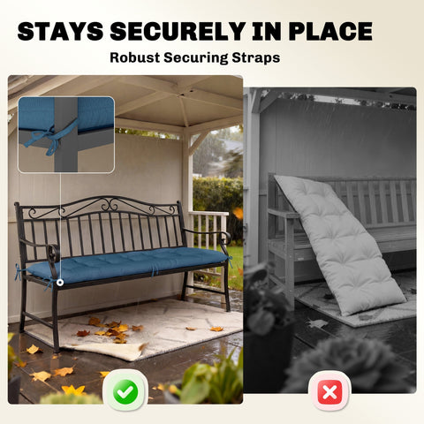 Blue outsunny sun lounger cushion with memory foam and securing straps on a metal outdoor patio bench