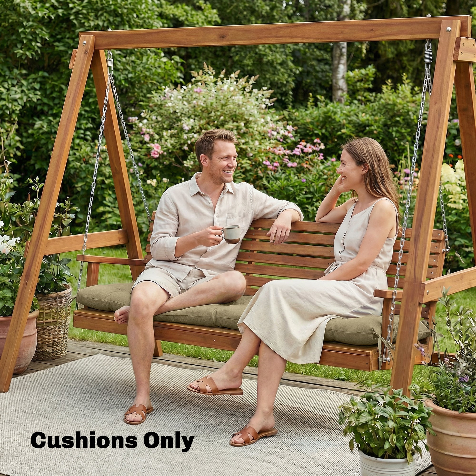 Wooden swing with cushioned sun lounger cushion in sand memory foam and metal chain suspension for outdoor use