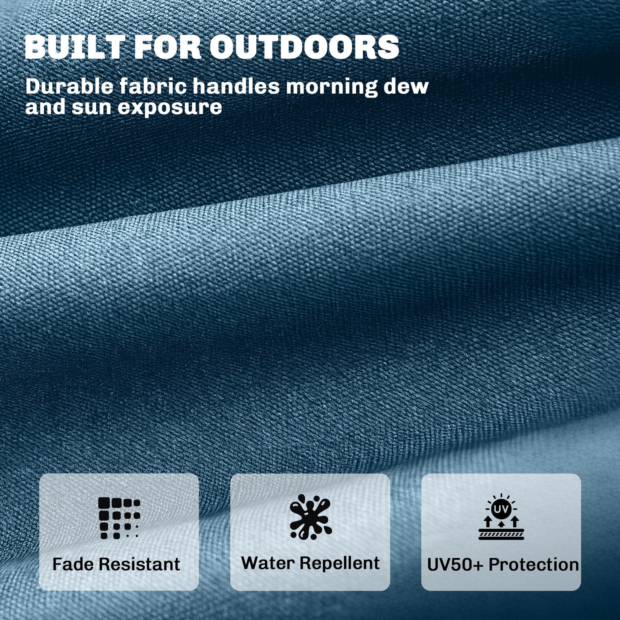 Dark blue outsunny sun lounger cushion with memory foam, durable fabric, uv50+ protection, and water repellent features