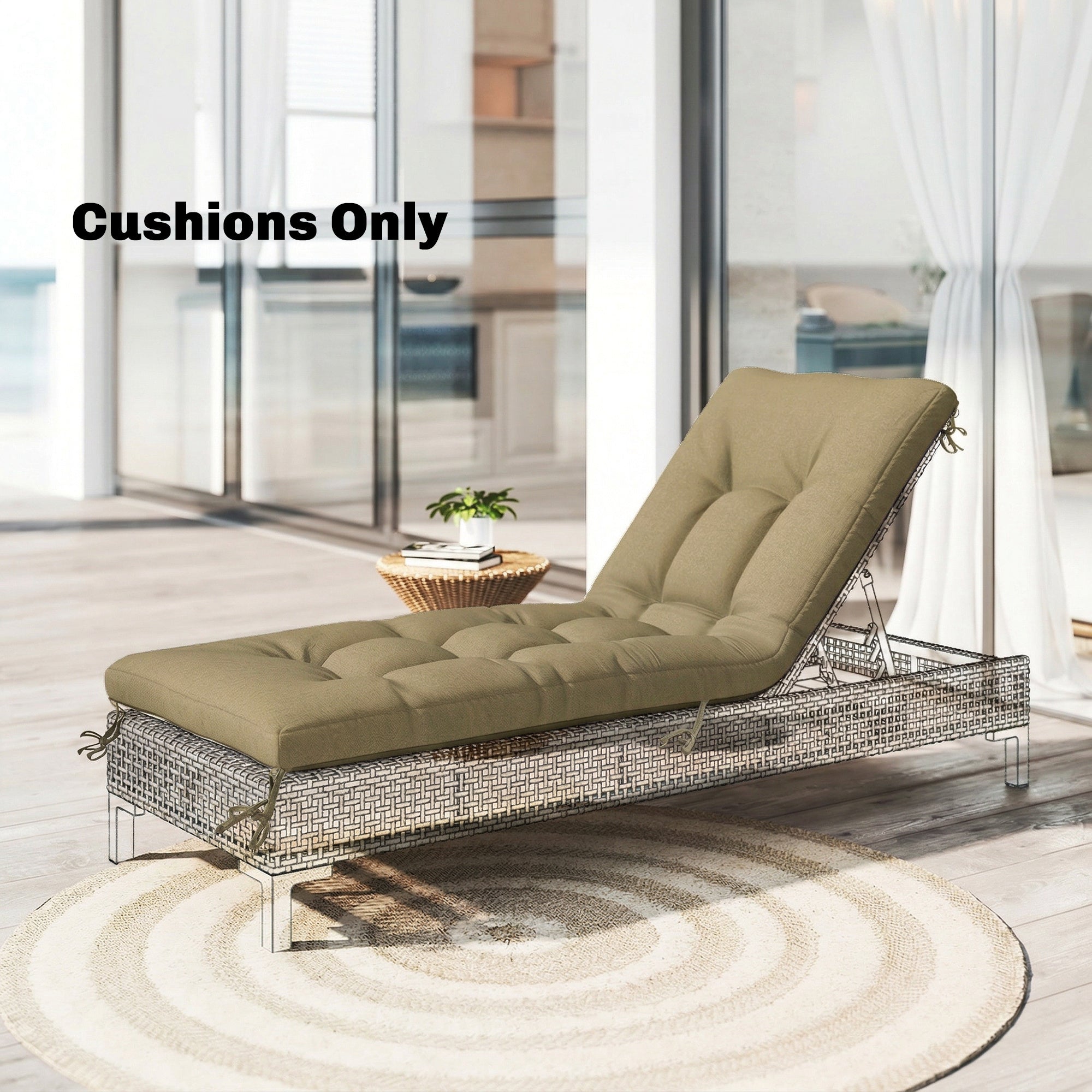 Beige tufted memory foam sun lounger cushion set with ties for woven wicker patio chair 190 x 60 cm sand color