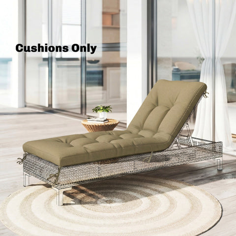 Beige tufted memory foam sun lounger cushion set with ties for woven wicker patio chair 190 x 60 cm sand color