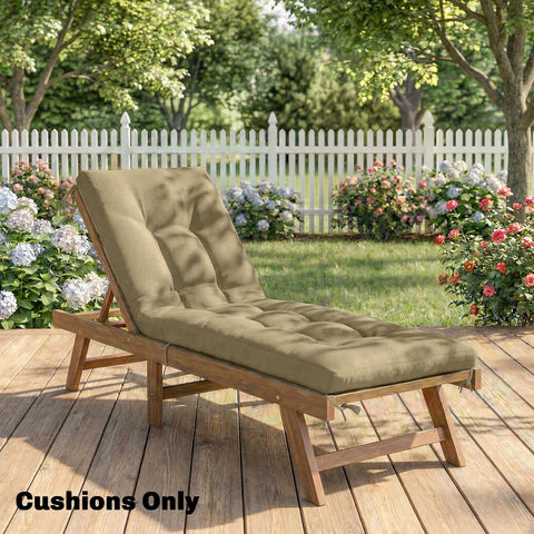 Beige tufted memory foam sun lounger cushion for wooden patio chair with ties fits 190 x 60 cm lounger sand color