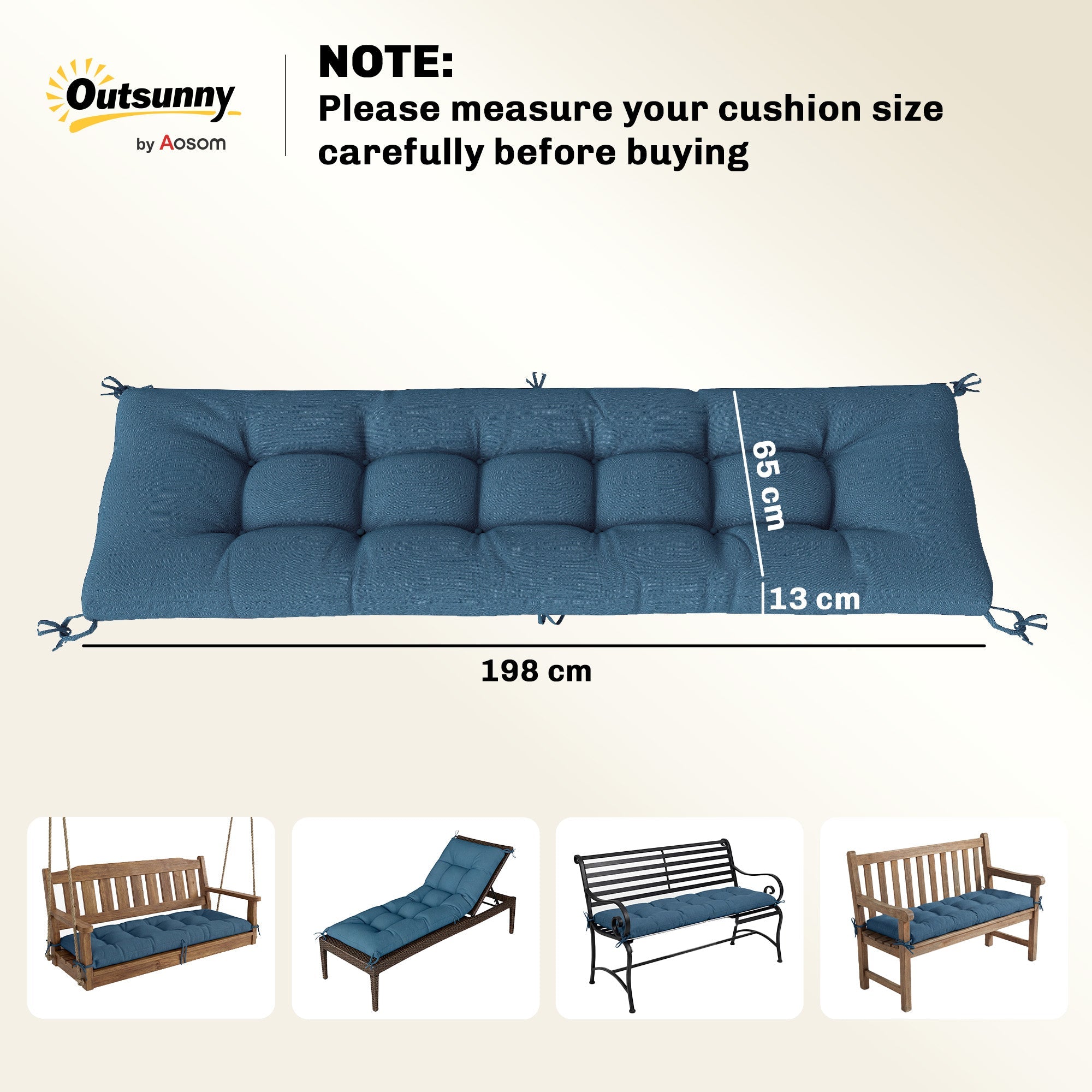 Deep blue tufted sun lounger cushion with reinforced ties and durable fabric for outdoor patio use