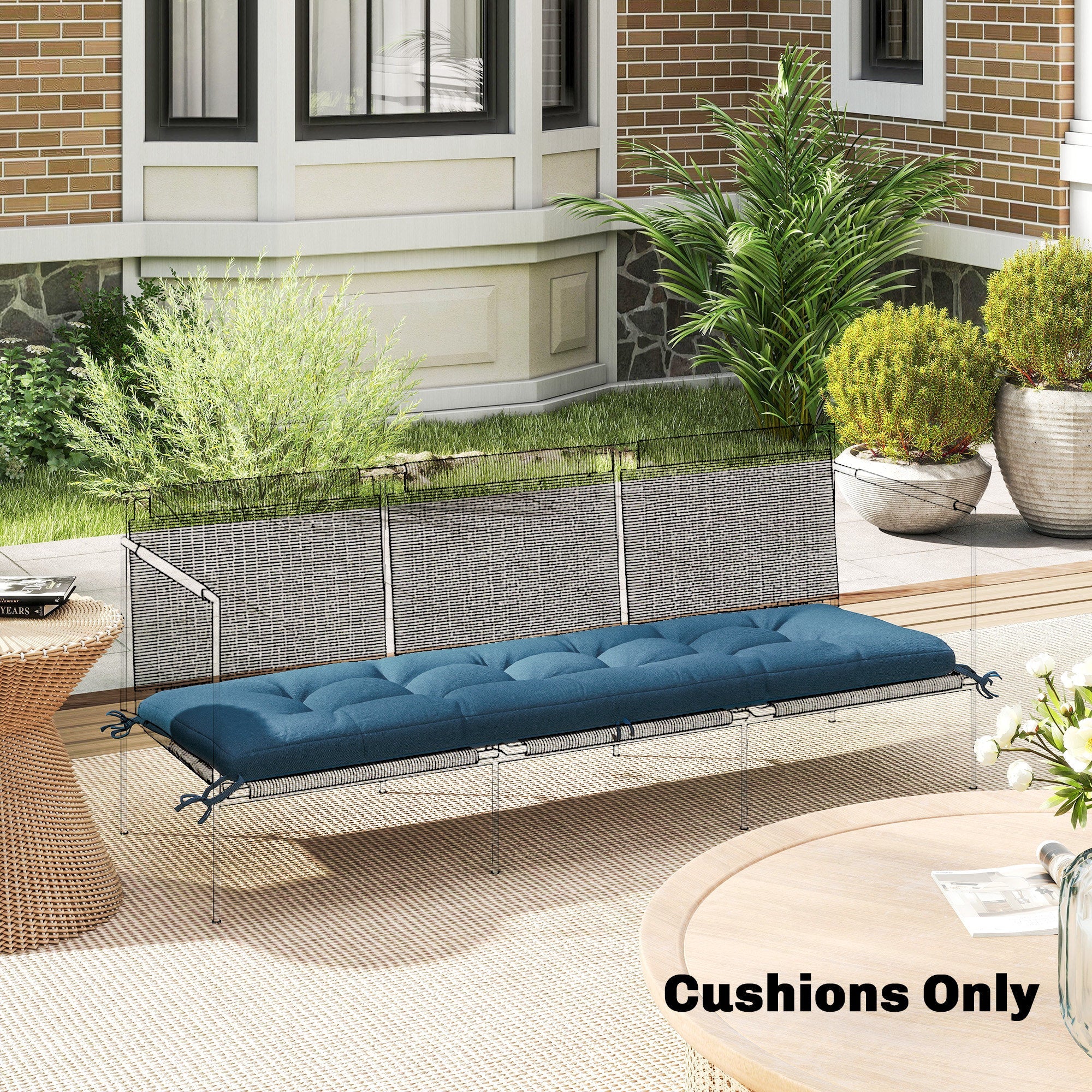 Blue tufted memory foam sun lounger cushion with ties for outdoor bench fits 190 x 60 cm outsunny lounger cushion