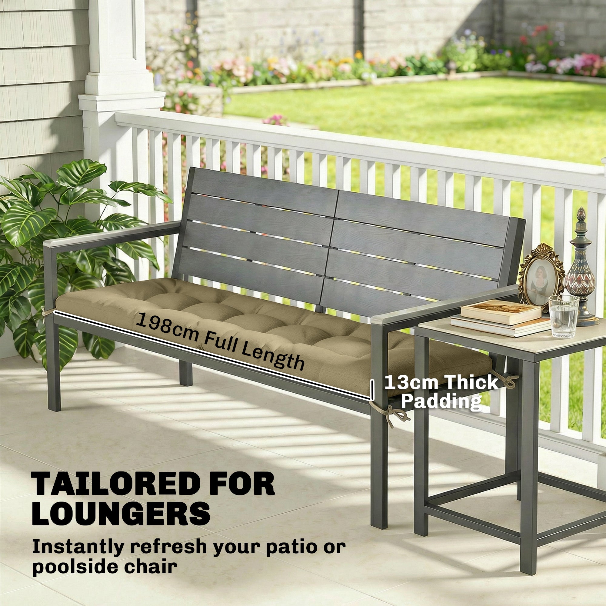 Gray metal patio bench with tan memory foam sun lounger cushion and backrest slats for outdoor use