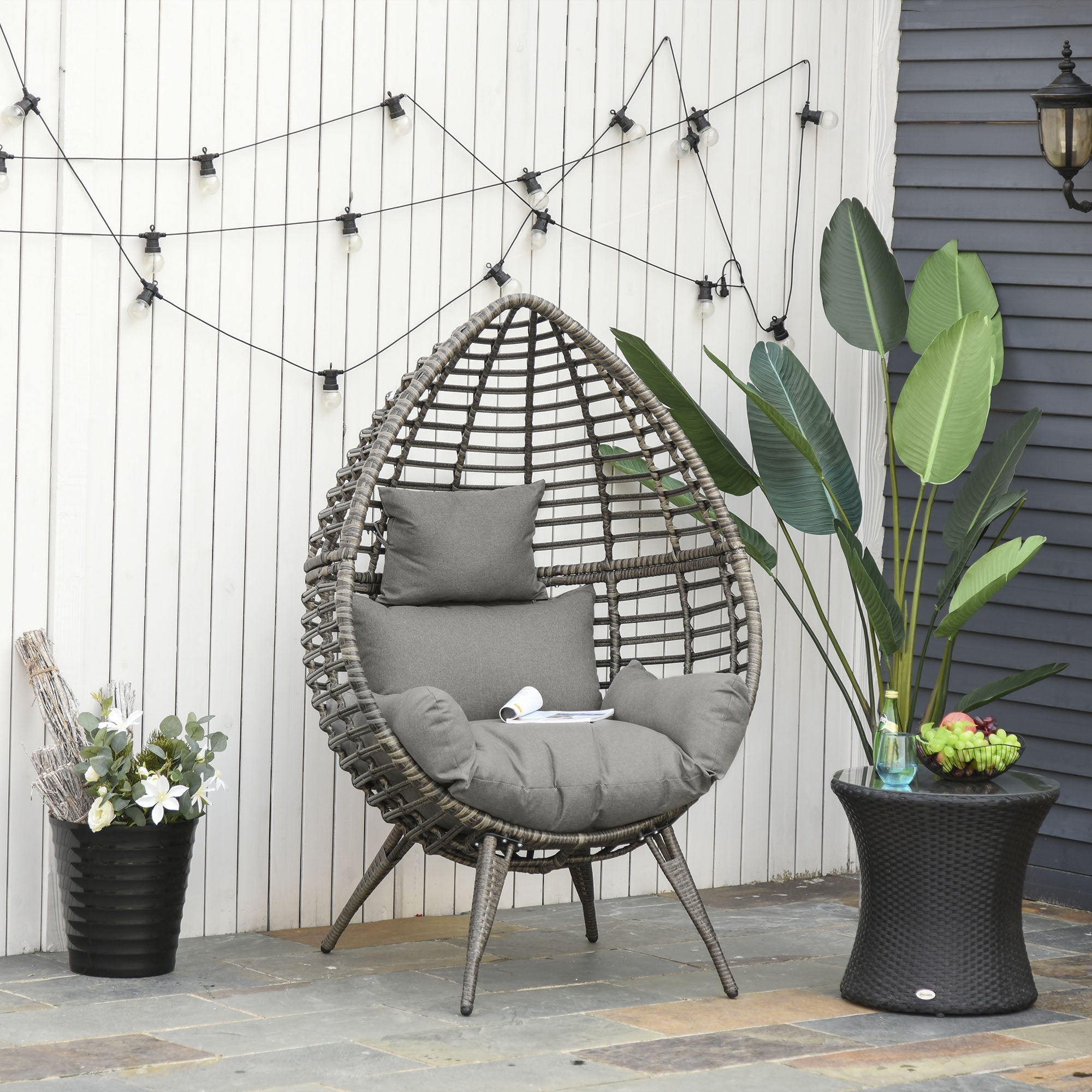 Outsunny teardop gray wicker lazy chair with thick cushion and pillow perfect for outdoor garden seating