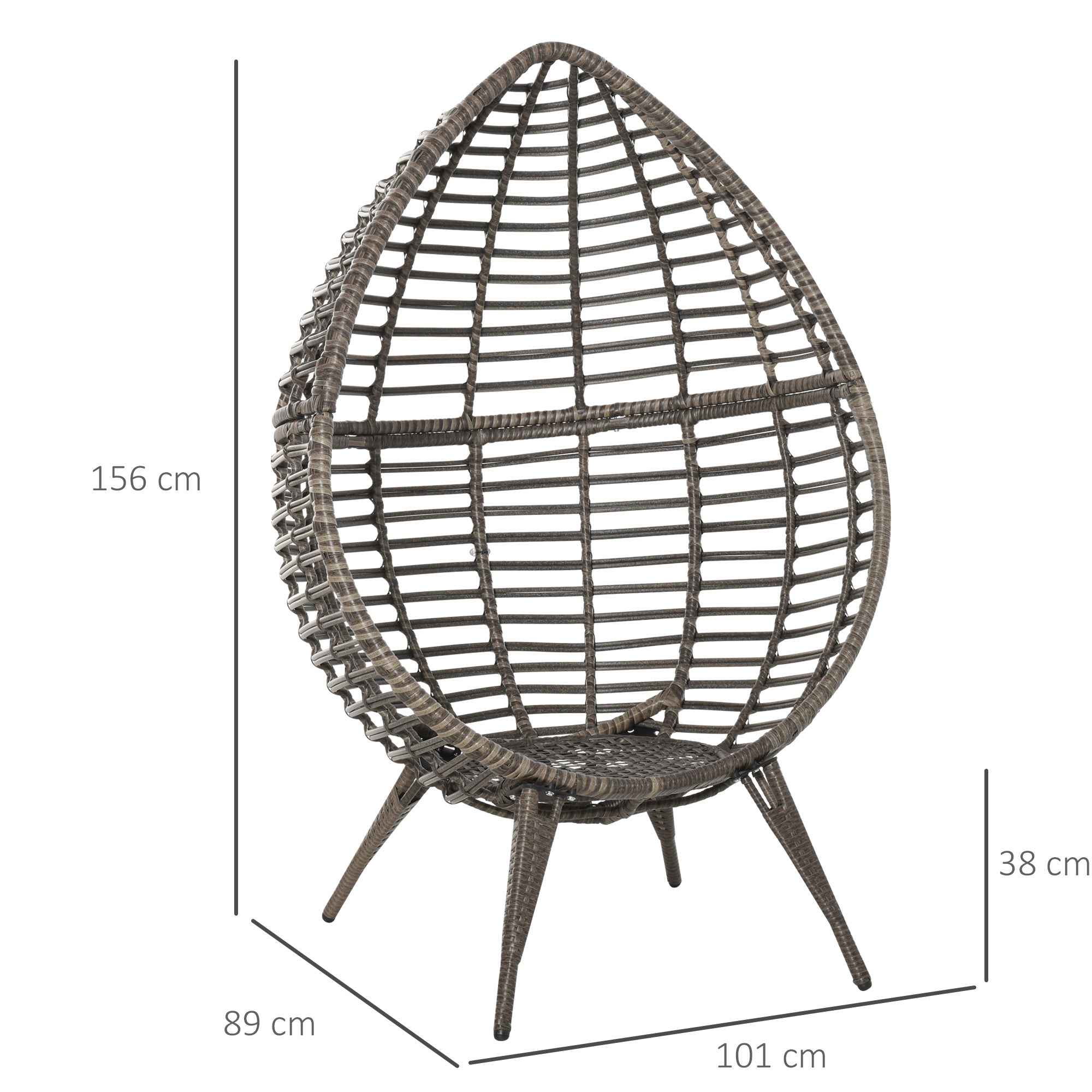 Gray woven wicker lazy chair with teardrop shape and four slender legs perfect for outdoor garden seating