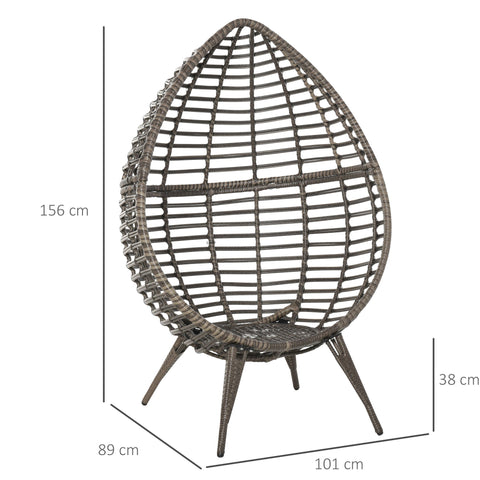 Gray woven wicker lazy chair with teardrop shape and four slender legs perfect for outdoor garden seating
