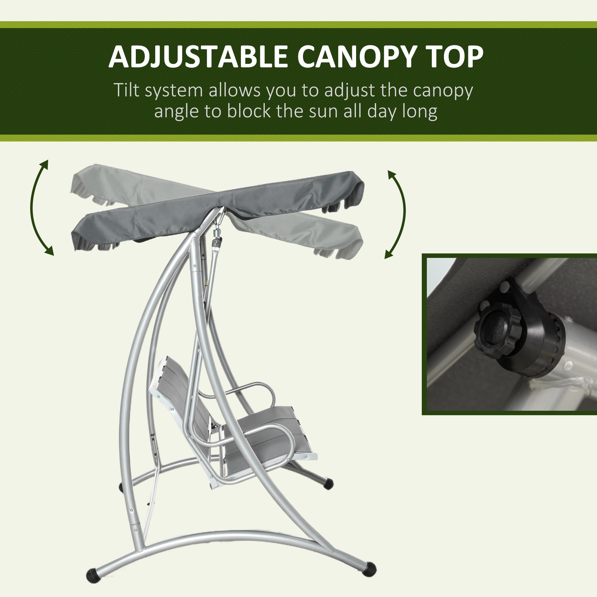 Outsunny three person outdoor porch swing chair with steel frame and gray adjustable canopy for shade