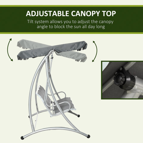 Outsunny three person outdoor porch swing chair with steel frame and gray adjustable canopy for shade