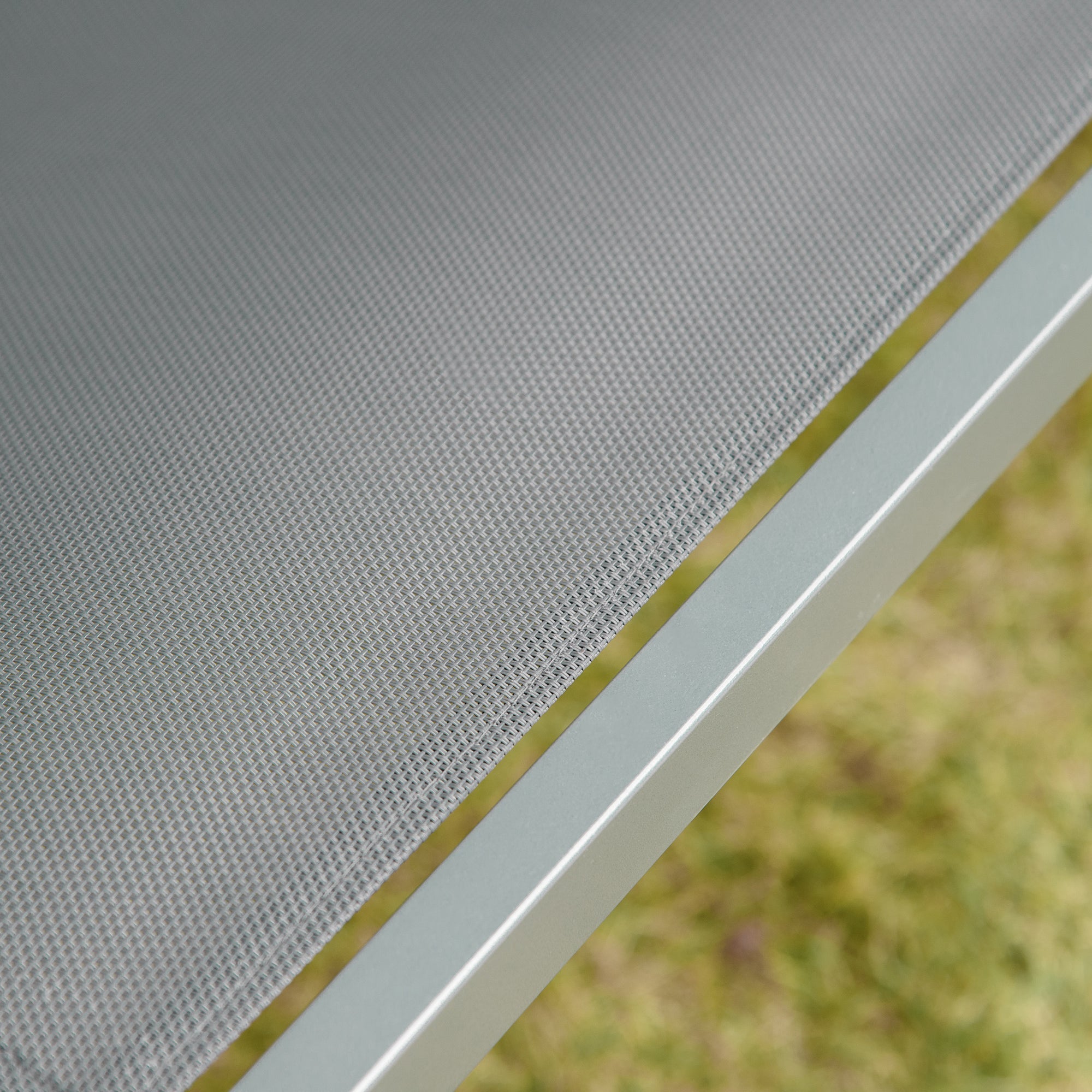 Gray woven mesh tabletop with sleek light gray steel frame for outsunny three person outdoor porch swing chair with adjustable canopy