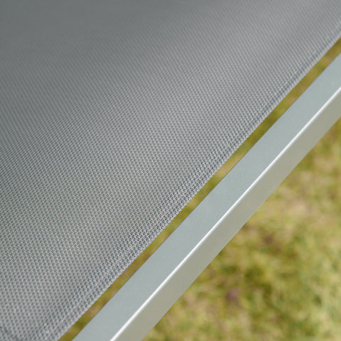 Gray woven mesh tabletop with sleek light gray steel frame for outsunny three person outdoor porch swing chair with adjustable canopy