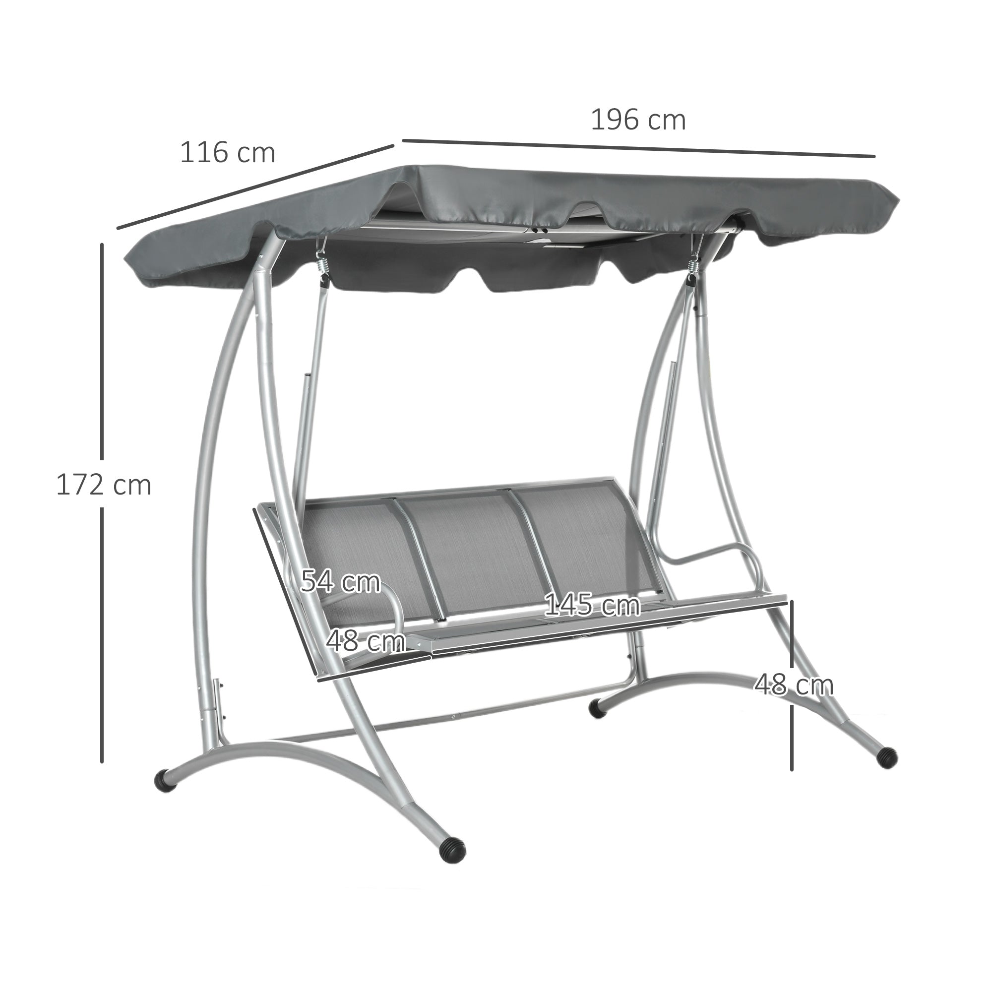 Gray fabric canopy swing with silver steel frame and padded seating for outdoor porch with adjustable canopy cover