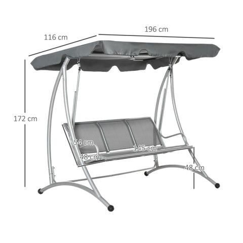 Gray fabric canopy swing with silver steel frame and padded seating for outdoor porch with adjustable canopy cover
