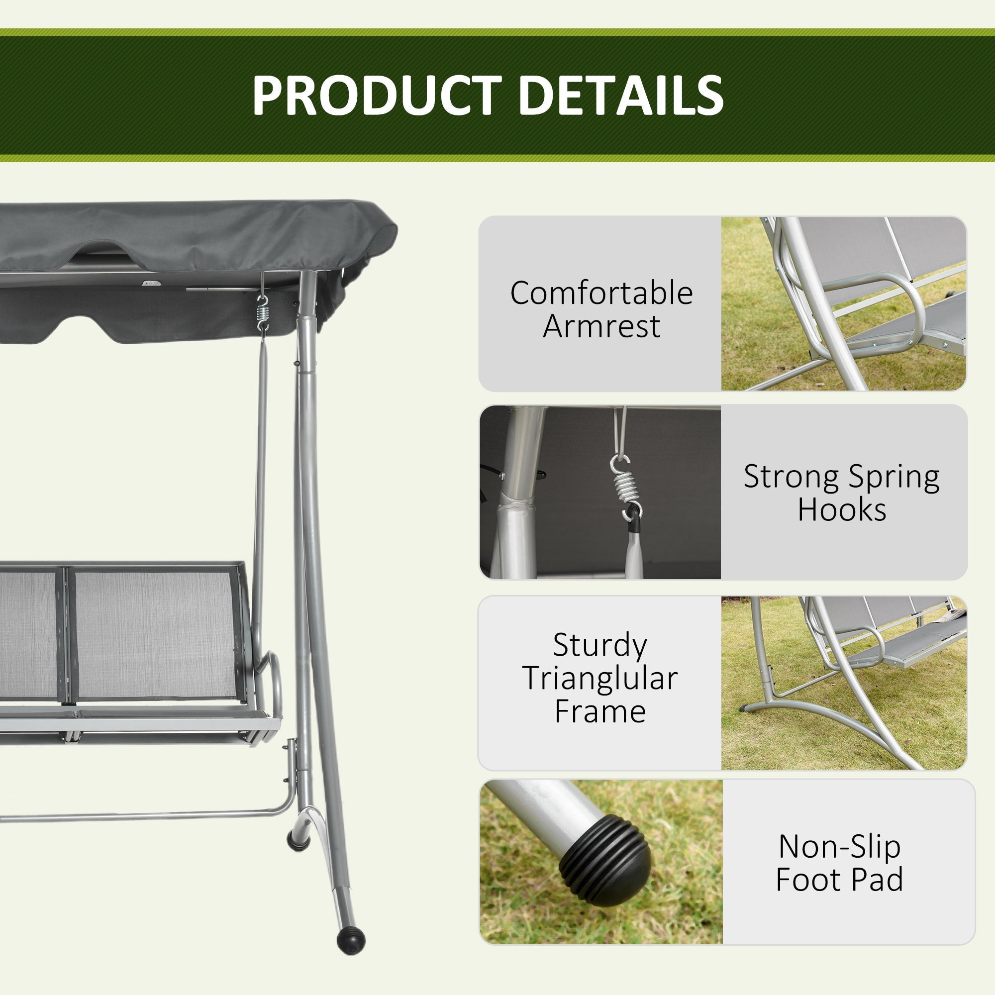 Silver metal three person outdoor porch swing chair with steel frame dark gray adjustable canopy and mesh seat