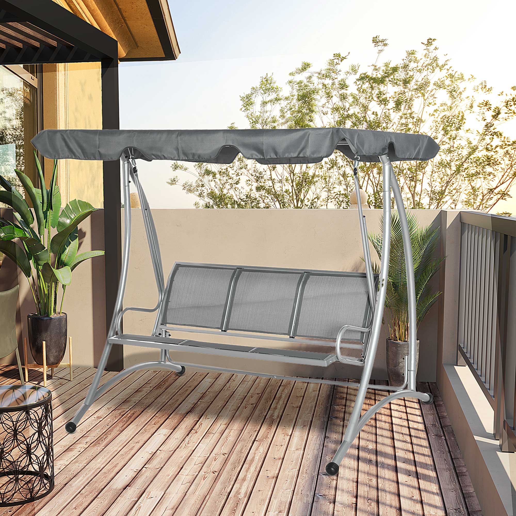 Gray outsunny three person outdoor porch swing bench with steel frame and adjustable canopy for patio use