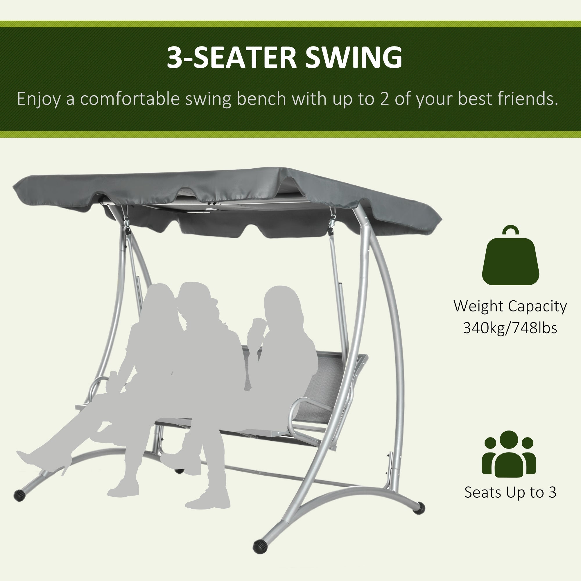 Outsunny three person outdoor porch swing bench with gray fabric adjustable canopy and sturdy silver steel frame