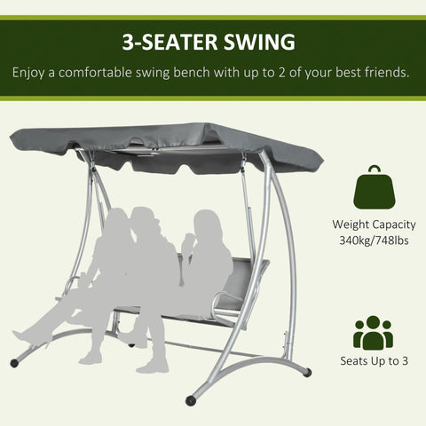 Outsunny three person outdoor porch swing bench with gray fabric adjustable canopy and sturdy silver steel frame