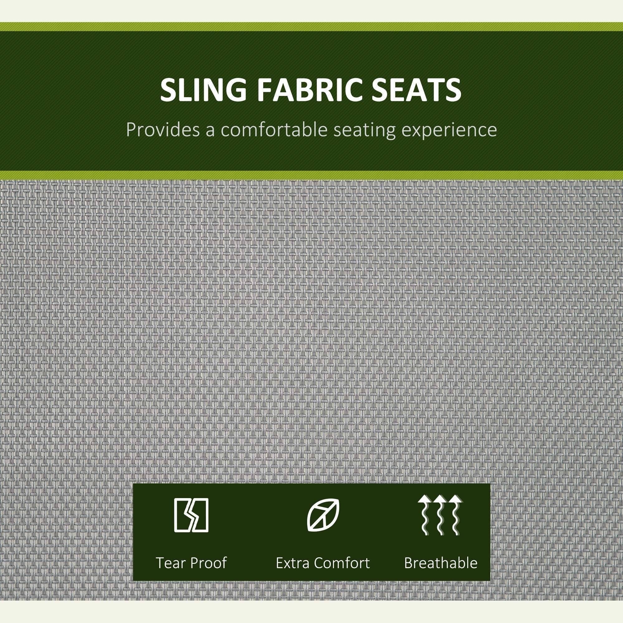 Gray woven sling fabric seats on outsunny three person steel frame outdoor porch swing with adjustable canopy cover